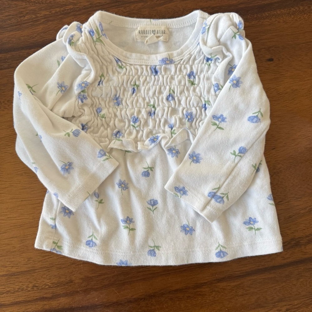 Rabbit + Bear Floral White and Blue Long Sleeve Organic Cotton Top 12M